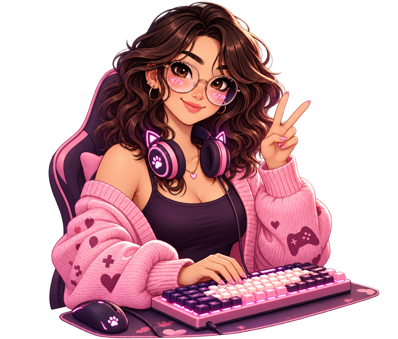 Faustine, a brunette gamer with glasses and a pink keyboard